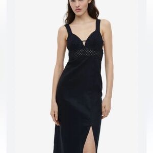 H&M Linen Dress with Eyelet Embroidery Black small